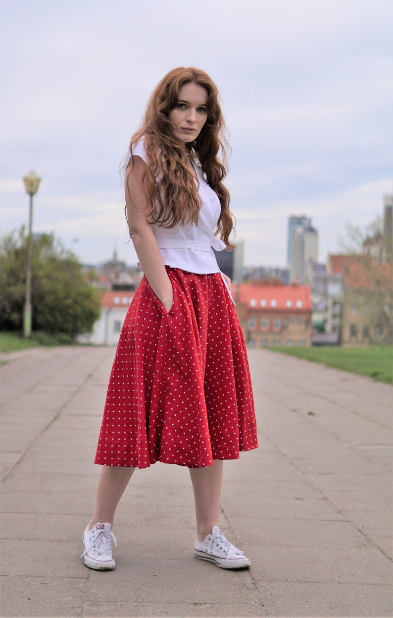Full circle linen skirt. A line skater linen skirt below the knee length. Red polka dot flared linen skirt. Plus size Linen summer skirt. image 4