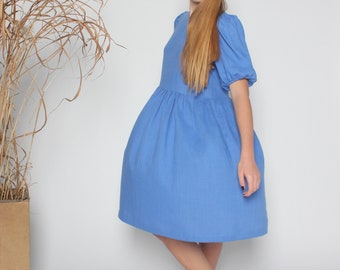 Cornflower blue linen dress. Blue midi linen dress. Cozyblue linen dress. Gathered casual linen dress. Puff sleeve linen dress.
