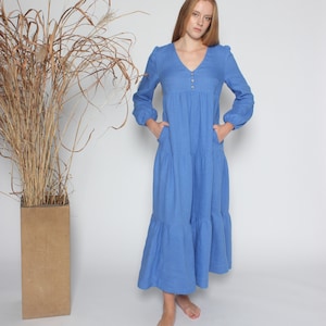 Maternity linen dress with pockets. Maxi tiered linen dress. Kaftan dress long sleeved in cornflower blue. Casual loose gathered linen dress