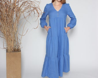 Maternity linen dress with pockets. Maxi tiered linen dress. Kaftan dress long sleeved in cornflower blue. Casual loose gathered linen dress