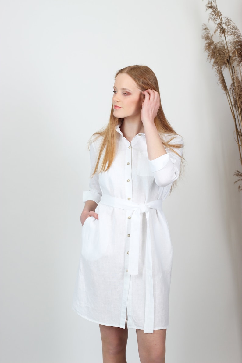 White Linen Shirt Dress. Midi Dress With Pockets and Waist Tie Etsy