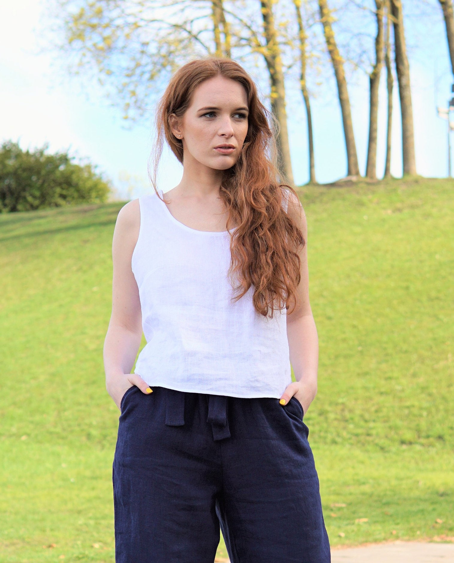 sleeveless white linen blouse