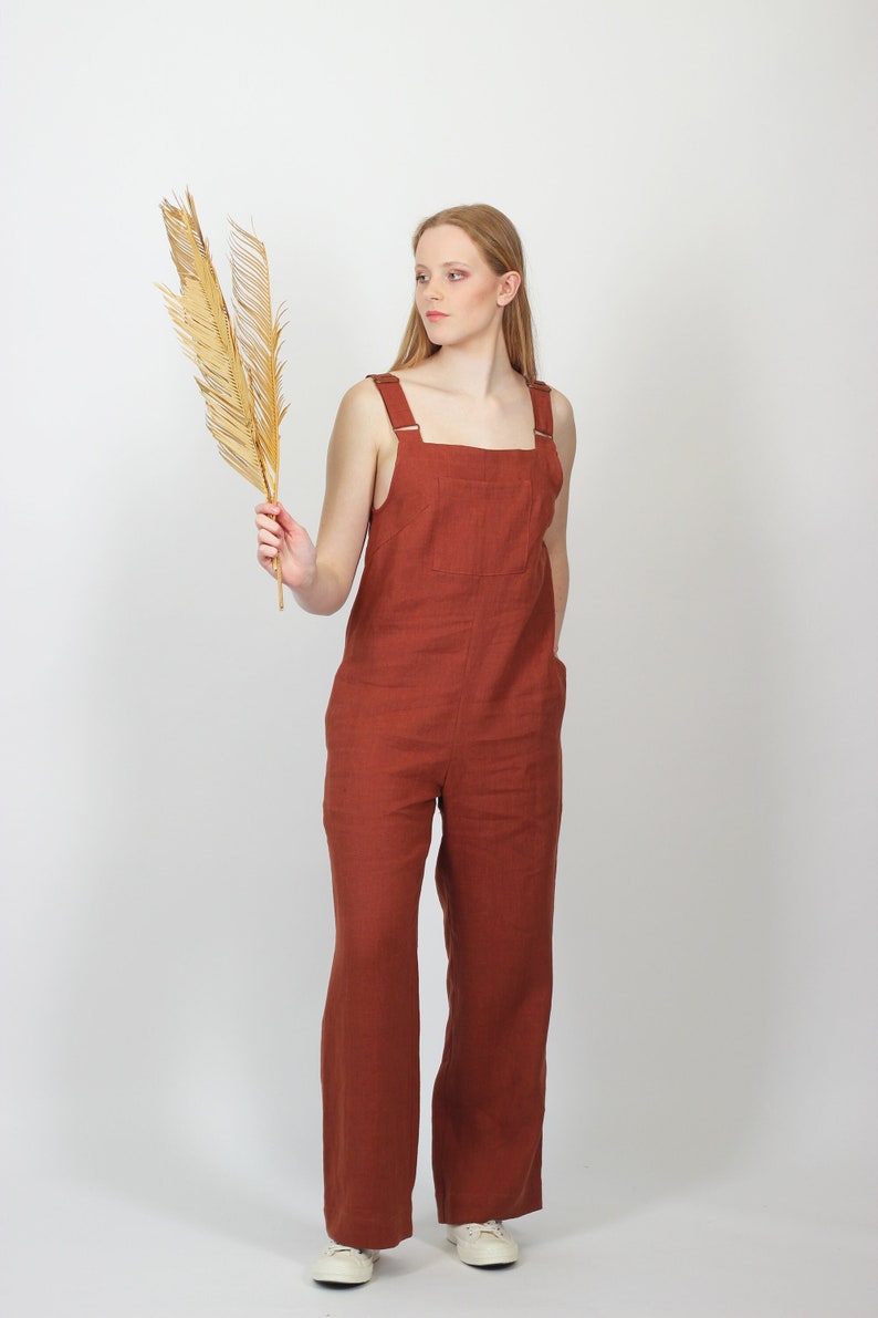 Linen jumpsuit for women in terracotta brown. Wide legs summer jumpsuit with pockets and waist ties. Handmade linen overall, front pocket. image 2