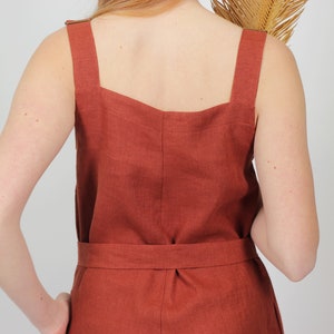 Linen jumpsuit for women in terracotta brown. Wide legs summer jumpsuit with pockets and waist ties. Handmade linen overall, front pocket. image 7