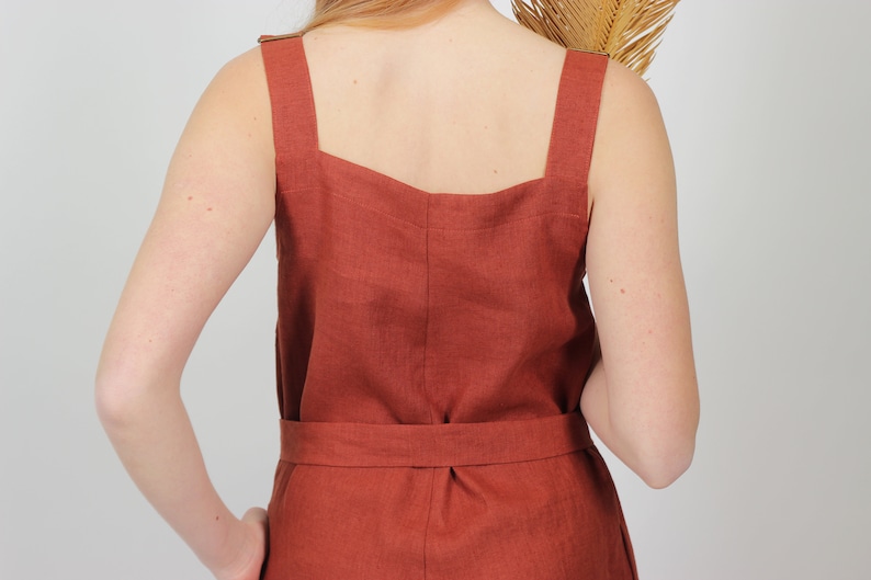 Linen jumpsuit for women in terracotta brown. Wide legs summer jumpsuit with pockets and waist ties. Handmade linen overall, front pocket. image 7