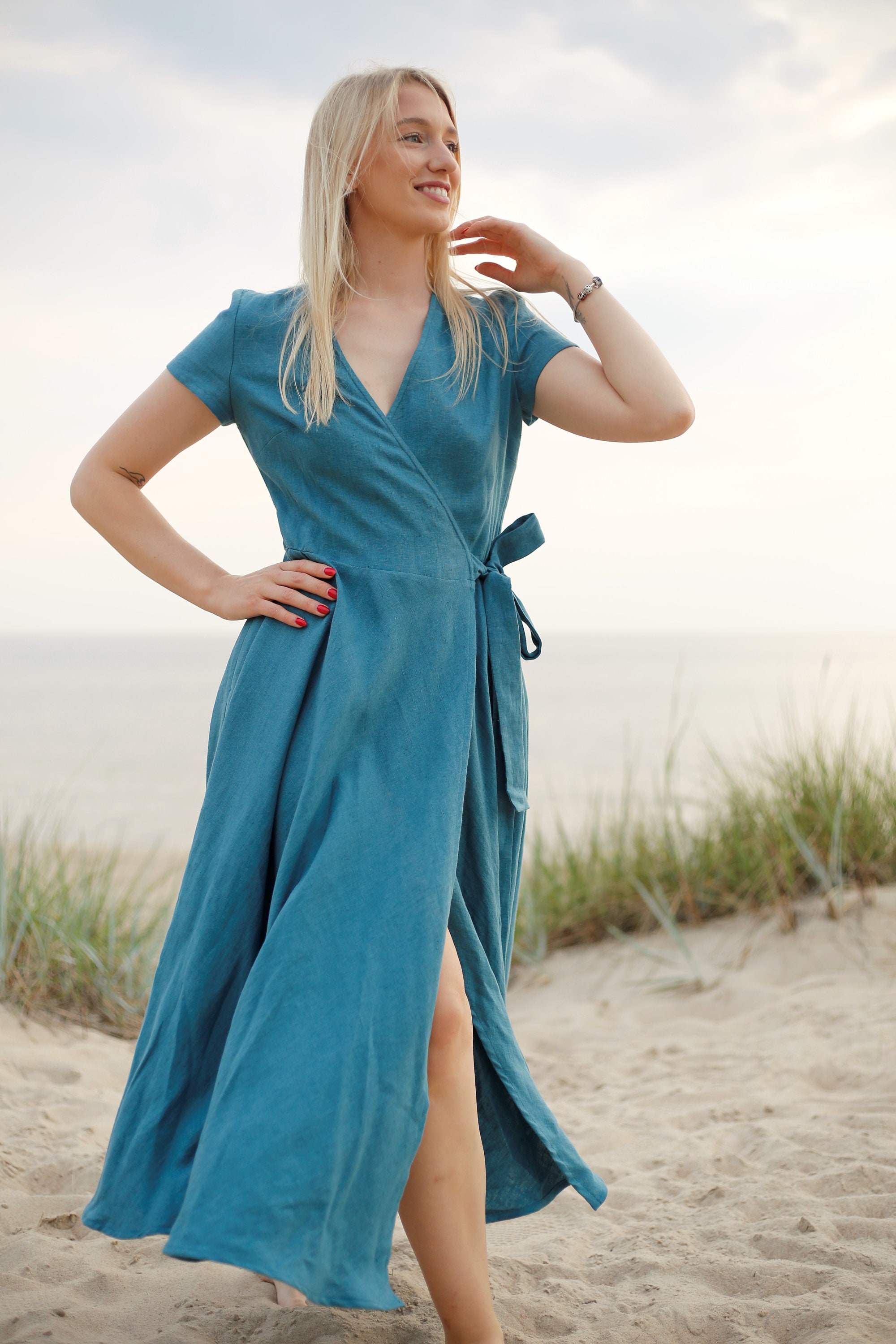 Linen wedding guest dress. Linen wrap dress. Long simple wedding dress. Homecoming midi dress. Bridesmaid dress with pockets.Cocktail dress