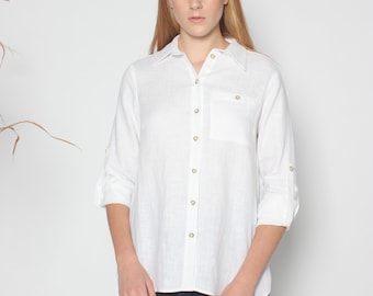 Classic white linen shirt for women. Linen shirt with front pocket. Long sleeved button up shirt with classic collar. White shirt for summer