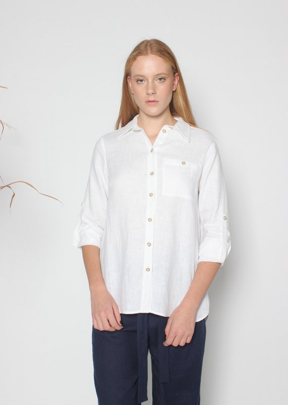 Buy Classic White Linen Shirt for Women. Linen Shirt With Front Pocket.  Long Sleeved Button up Shirt With Classic Collar. White Shirt for Summer  Online in India 