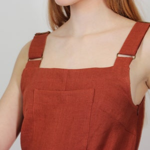 Linen jumpsuit for women in terracotta brown. Wide legs summer jumpsuit with pockets and waist ties. Handmade linen overall, front pocket. image 5