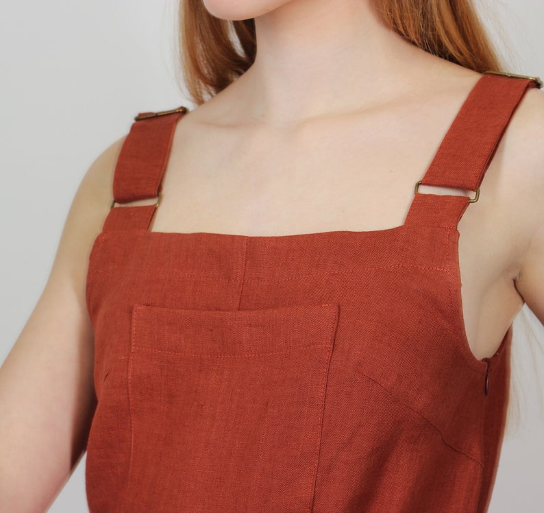 Linen jumpsuit for women in terracotta brown. Wide legs summer jumpsuit with pockets and waist ties. Handmade linen overall, front pocket. image 5