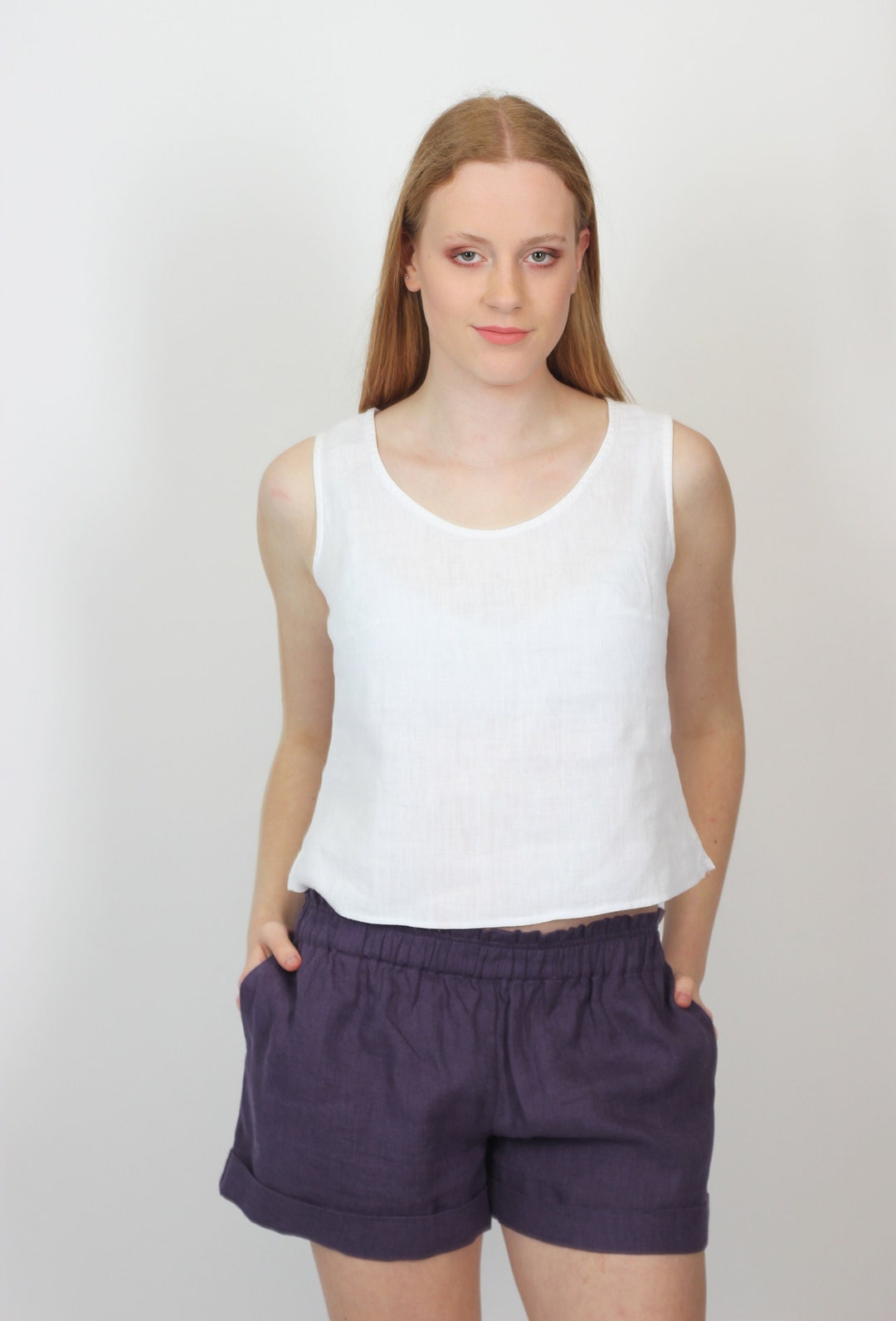 Minimalist Linen Shorts With Pockets. Plum Purple Linen Shorts for