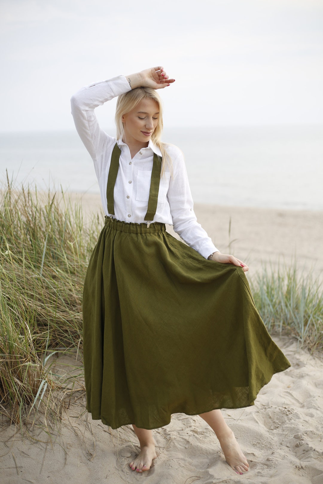 Maxi brown suspender linen skirt women 4892 Maxi brown suspender linen skirt women 4892