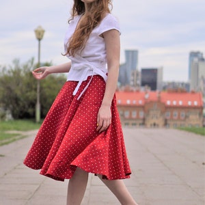 Full circle linen skirt. A line skater linen skirt below the knee length. Red polka dot flared linen skirt. Plus size Linen summer skirt. image 6