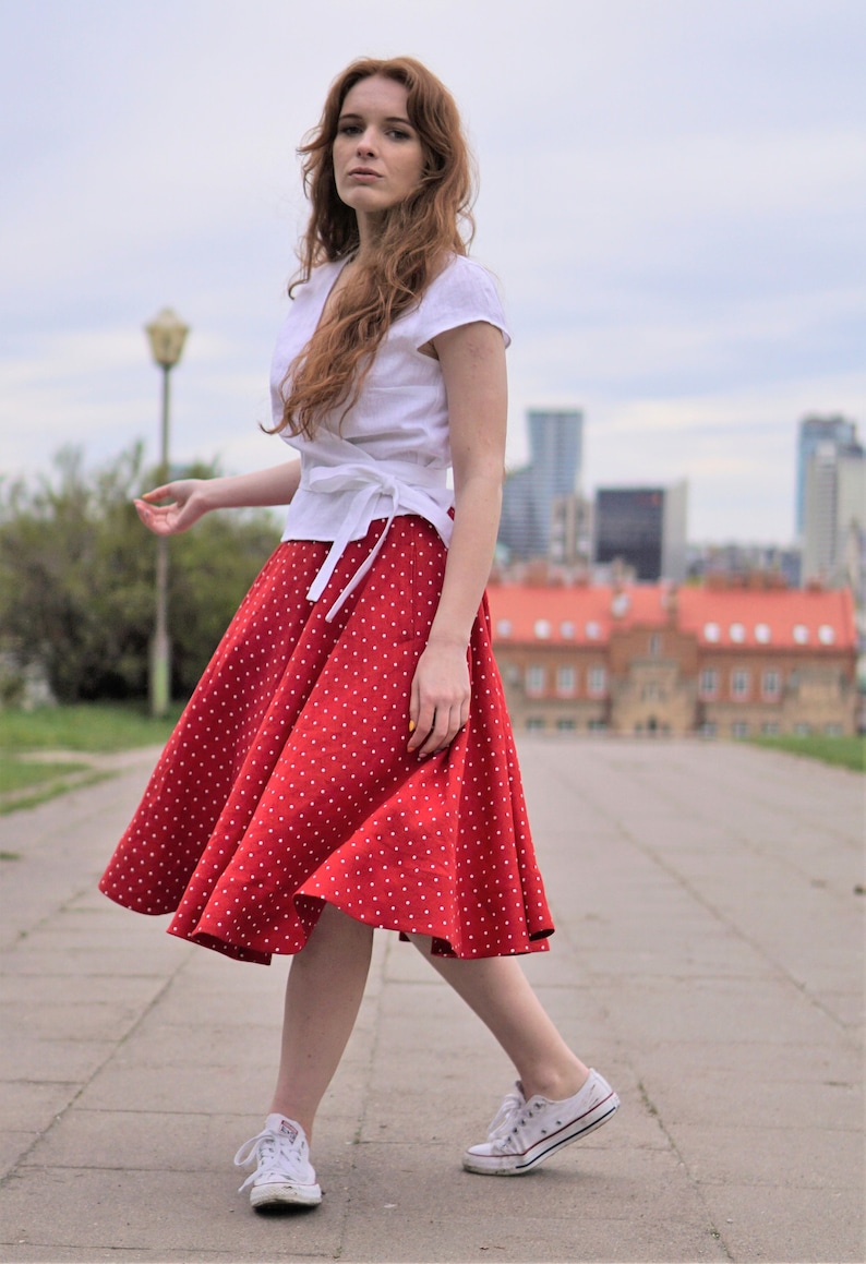 Full circle linen skirt. A line skater linen skirt below the knee length. Red polka dot flared linen skirt. Plus size Linen summer skirt. image 6