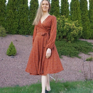 Long sleeve cocktail dress. Flowing soft viscose dress with belt and pockets. Plus size tea dress. Formal organic wrap dress. Office wear. image 3