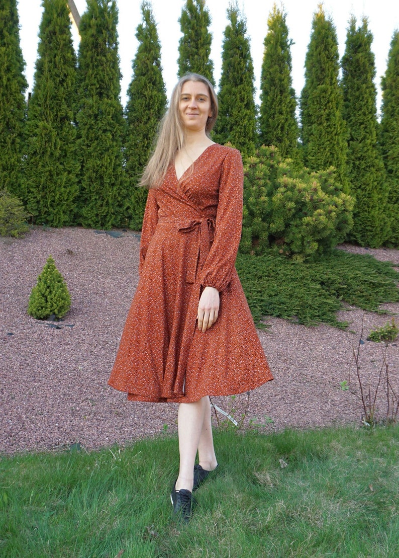 Long sleeve cocktail dress. Flowing soft viscose dress with belt and pockets. Plus size tea dress. Formal organic wrap dress. Office wear. image 3