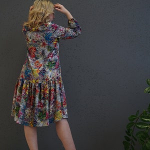 Elegant shirt dress with pockets. Loose floral romantic dress. Dress with long sleeves. Button front viscose dress. Flowing soft 90s dress. image 5