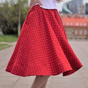 Full circle linen skirt. A line skater linen skirt below the knee length. Red polka dot flared linen skirt. Plus size Linen summer skirt. image 7