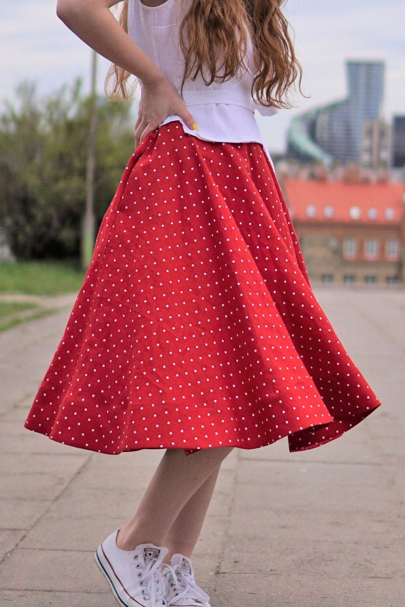 Full circle linen skirt. A line skater linen skirt below the knee length. Red polka dot flared linen skirt. Plus size Linen summer skirt. image 7