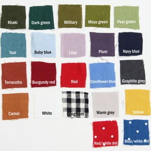May include: A color chart of fabric swatches with names for each color, including khaki, dark green, military, moss green, pear green, teal, baby blue, lilac, plum, navy blue, terracotta, burgundy red, red, cornflower blue, graphite grey, camel, white, gingham, warm grey, yellow, red/white dot, and blue/white dot.