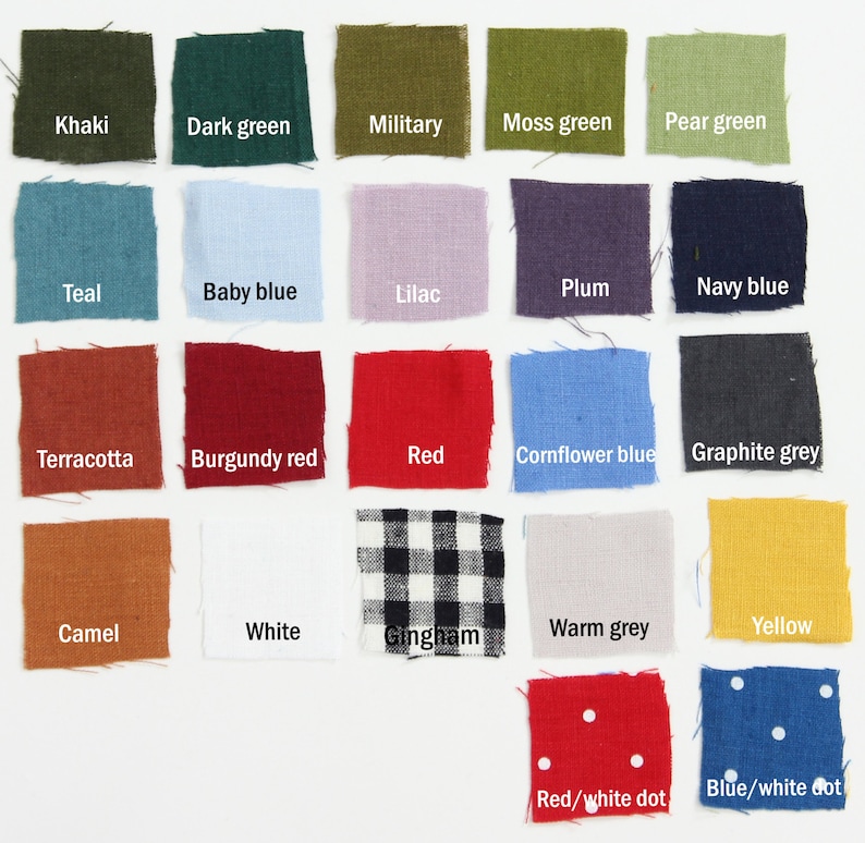 May include: A color chart of fabric swatches with names for each color, including khaki, dark green, military, moss green, pear green, teal, baby blue, lilac, plum, navy blue, terracotta, burgundy red, red, cornflower blue, graphite grey, camel, white, gingham, warm grey, yellow, red/white dot, and blue/white dot.