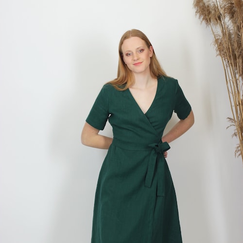 green linen wedding guest dress Green wedding guest dress. Linen elegant wrap dress. Minimalist Party dress. Summer midi dress. Romantic A-line cocktail dress. Tea dress
