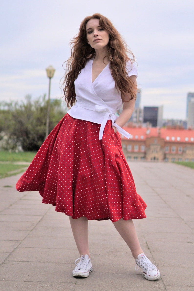 Full circle linen skirt. A line skater linen skirt below the knee length. Red polka dot flared linen skirt. Plus size Linen summer skirt. image 3