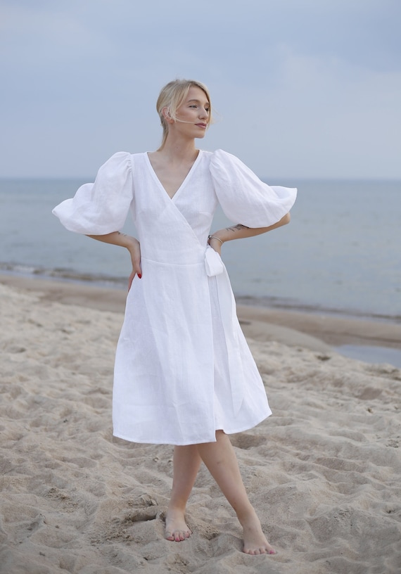 Linen Wedding Guest Dress. Elegant White Summer Dress Wit Pocket. Puff  Sleeve Bohemian Dress. Elegant Cocktail Dress. Midi Linen Wrap Dress. -  Etsy Australia