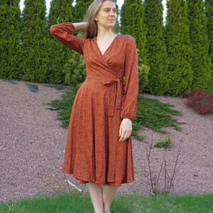 Long sleeve cocktail dress. Flowing soft viscose dress with belt and pockets. Plus size tea dress. Formal organic wrap dress. Office wear. image 2