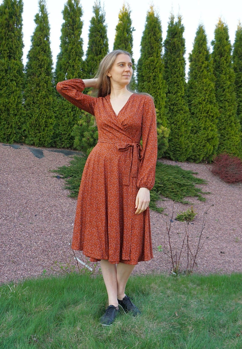 Long sleeve cocktail dress. Flowing soft viscose dress with belt and pockets. Plus size tea dress. Formal organic wrap dress. Office wear. image 2