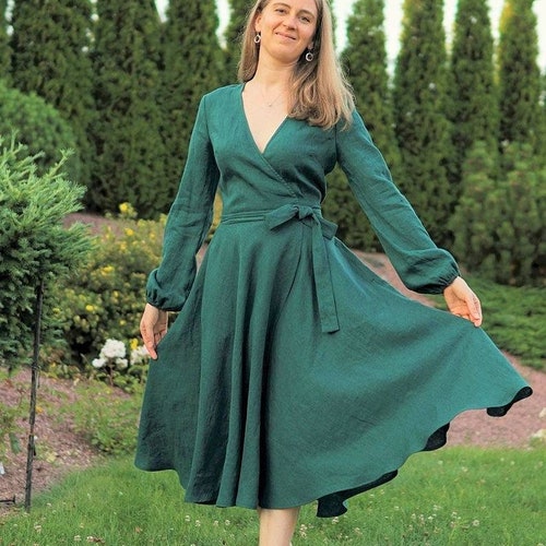 Mother of The Bride Dress. Autumn Wedding Guest Dress. Long Sleeved Linen Wrap Dress. Christmas Dress. Bridesmaid Dress. Linen Tea Dress.