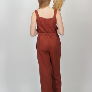 Linen jumpsuit for women in terracotta brown. Wide legs summer jumpsuit with pockets and waist ties. Handmade linen overall, front pocket. image 4