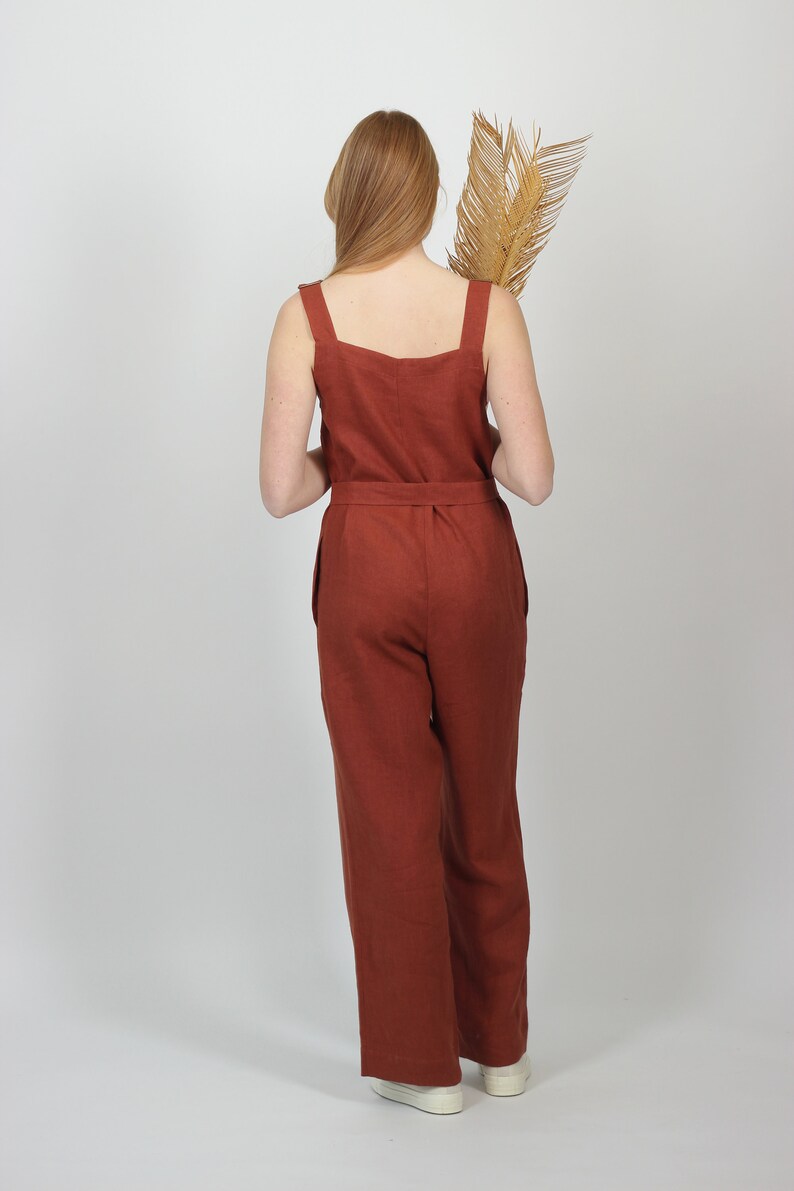 Linen jumpsuit for women in terracotta brown. Wide legs summer jumpsuit with pockets and waist ties. Handmade linen overall, front pocket. image 4