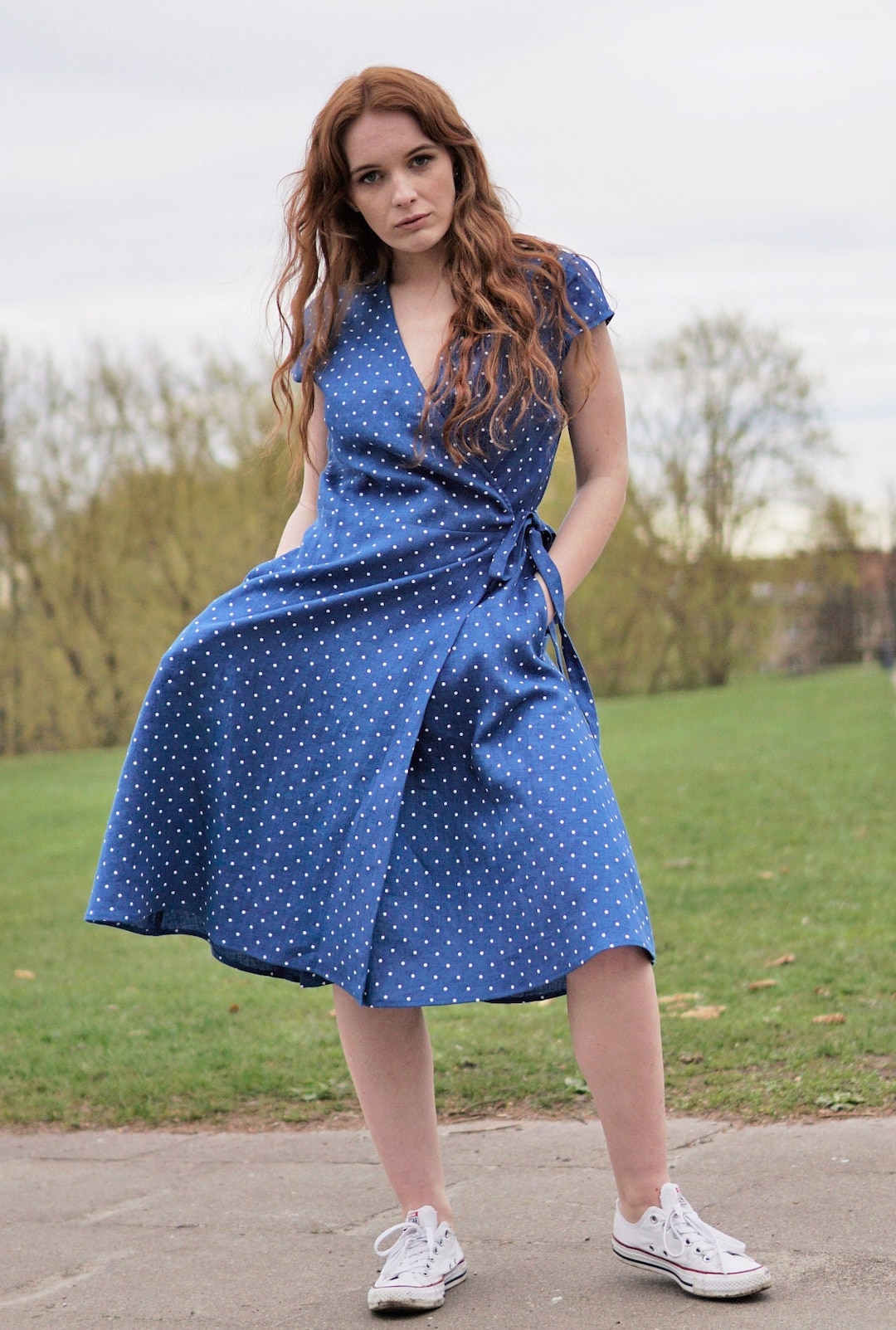 blue polka dot wrap dress Blue Polka Dot Linen Wrap Dress. V-neck Midi Linen Dress. Below-the-knee  A-line Linen Summer Dress With Pockets and Adjustable Waist Ties