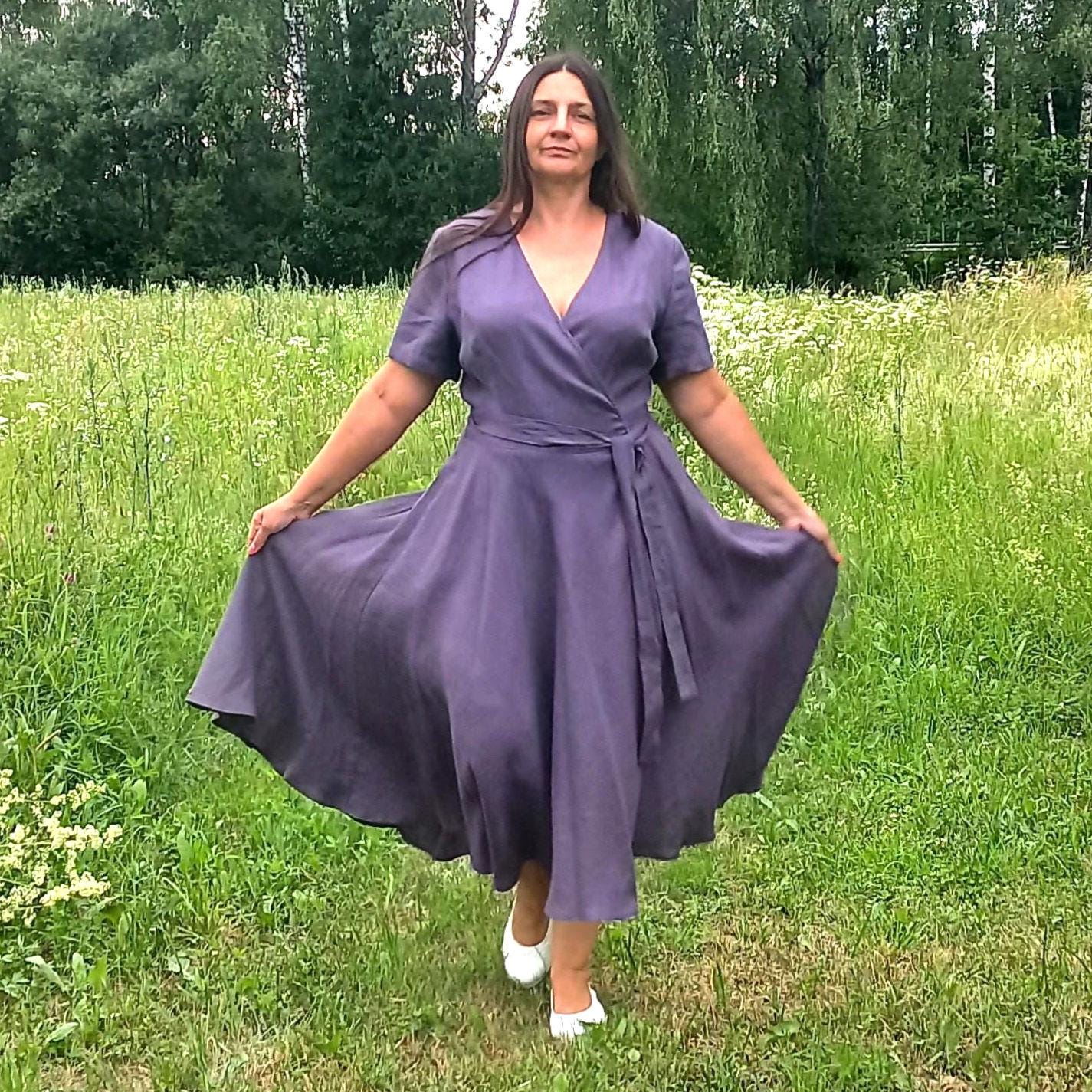 Mother of the bride elegant linen dress. Mother of the groom midi wrap dress. Linen wedding guest dress. Plius Size 5XL. Flared skirt dress.