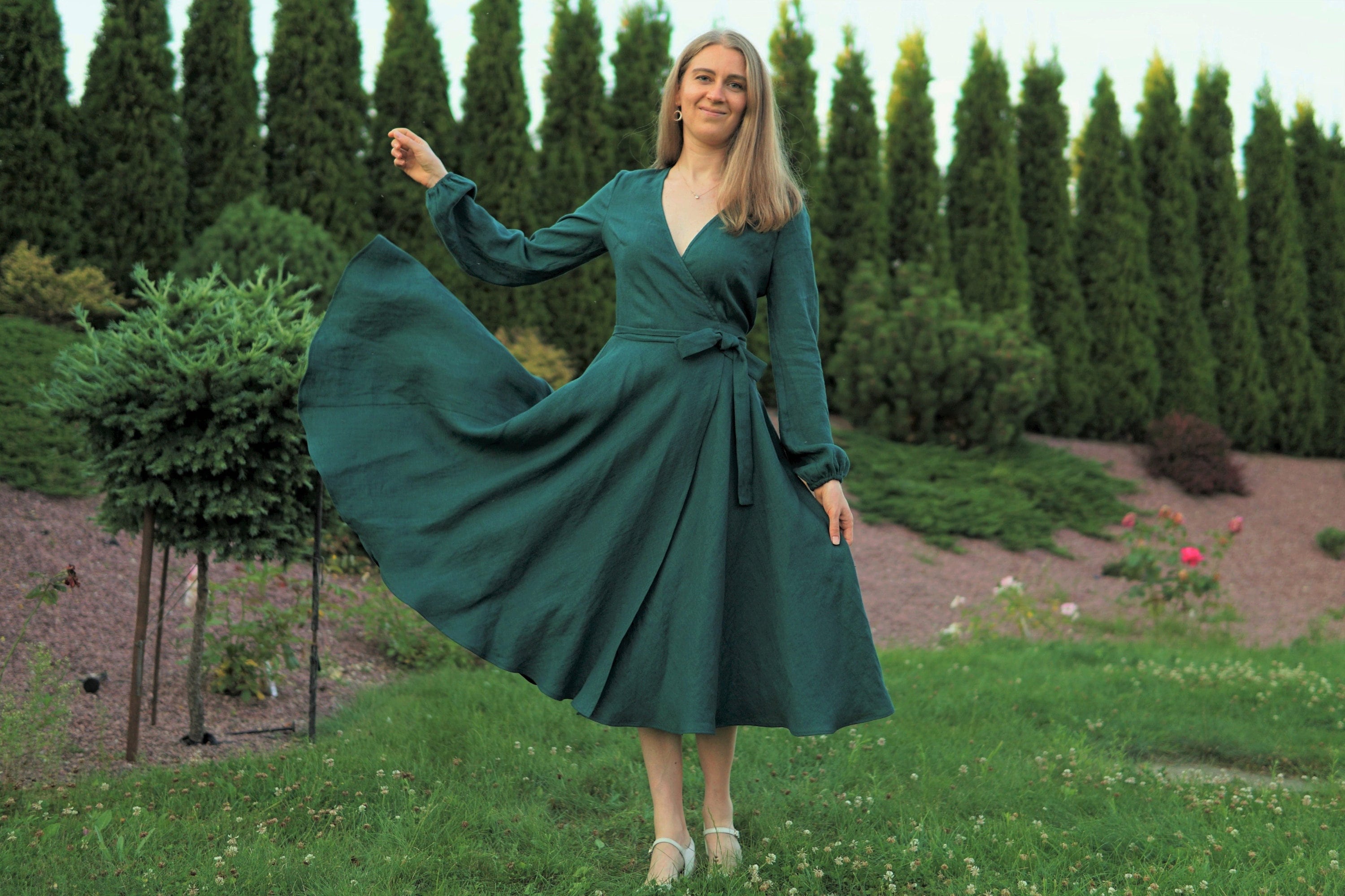 Long Linen Wrap Dress, Linen Caftan Dress, Emerald Green Linen Dress,  Summer Maxi Dress VALENTINA, Plus Size Linen Clothing 