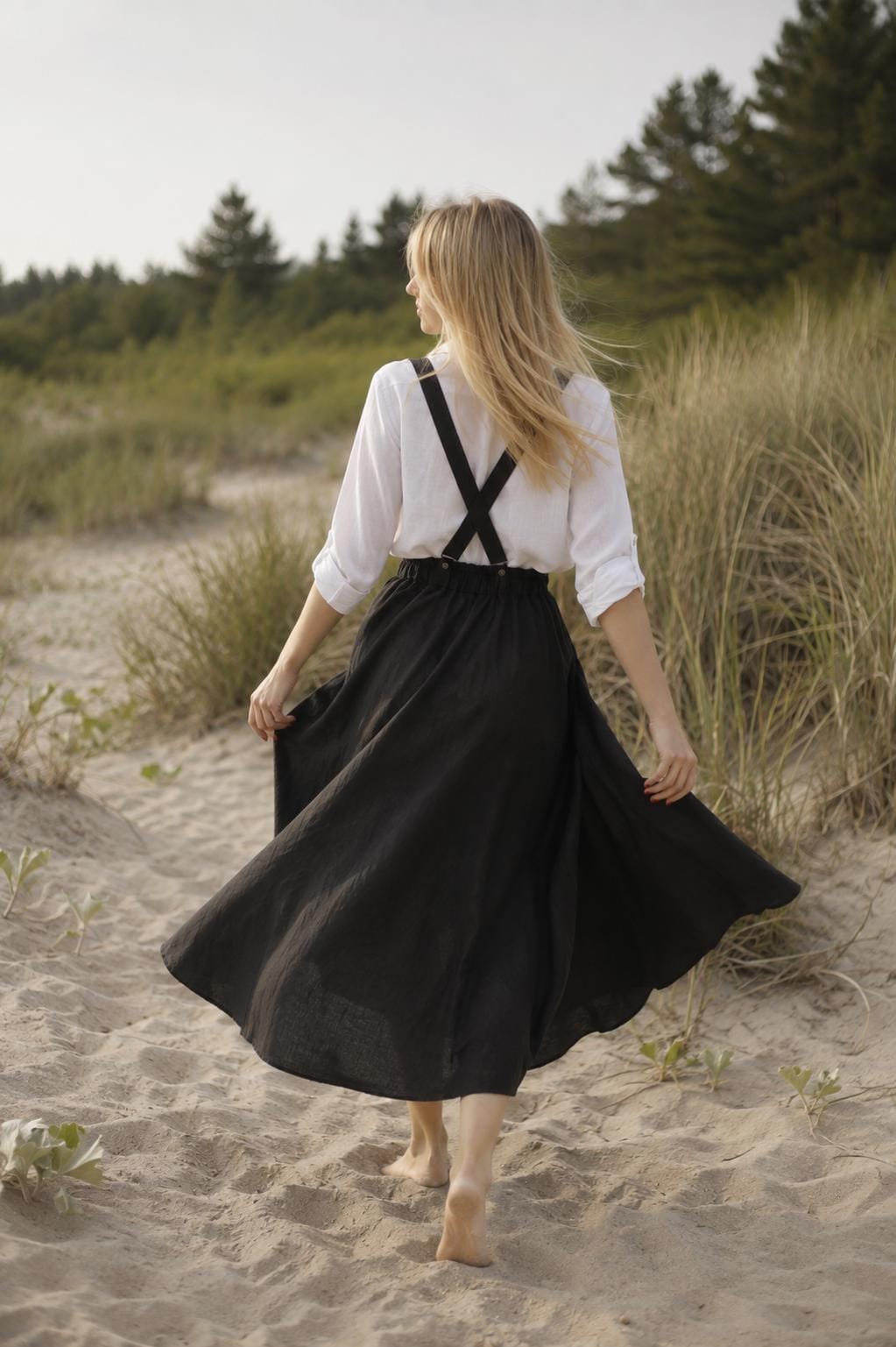 Linen Skirt With Suspenders. Long Skirt With Pockets. Below the