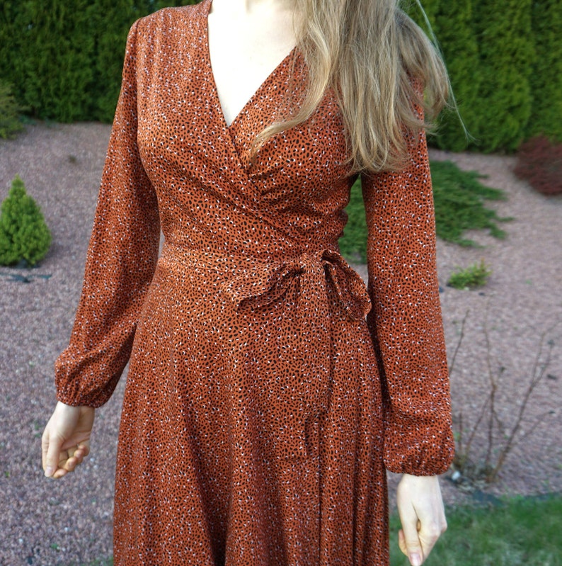 Long sleeve cocktail dress. Flowing soft viscose dress with belt and pockets. Plus size tea dress. Formal organic wrap dress. Office wear. image 4