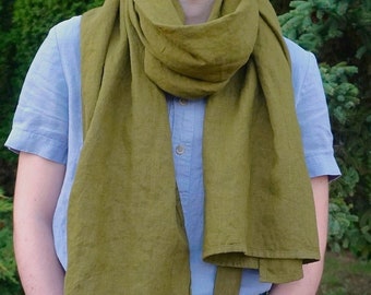 Mens Linen Scarf, Shawl, Bandana in Military Green Colour. Large or Small Scarf Men. . Christmas Gift for Him. Unisex Handmade soft Shawl.