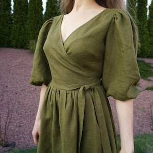 Cocktail Dress for Wedding Guest. Linen Wrap Dress . Summer Midi Dress Women. Romantic  Puff Sleeve Dress. Tea dress. Victorian Linen Dress.
