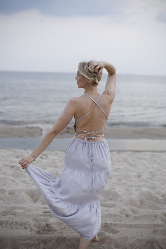 cross backless dress Back Linen for Wedding Guest. Linen Dress. Dress With Open Back and Tiered Skirt. Beach Bridal Shower Guest Dress Child  Size:child-10 Bachelorette Party Outfit Ideas SALE40 Full size rangeembraces and