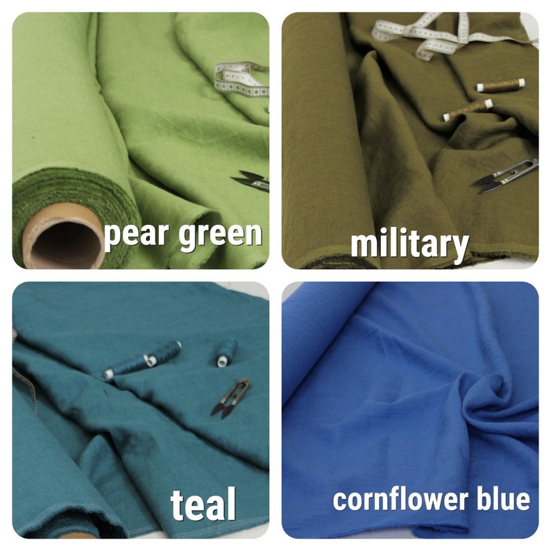 May include: Four fabric swatches in different colors: pear green, military, teal, and cornflower blue. The fabric is folded and rolled, showing the texture and color.