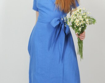 Blue Wedding Guest Dress. Cornflower Blue Midi Linen Wrap Dress. Elegant  Linen Summer Dress With Pockets. Elegant Graduation Dress.tea Dress - Etsy