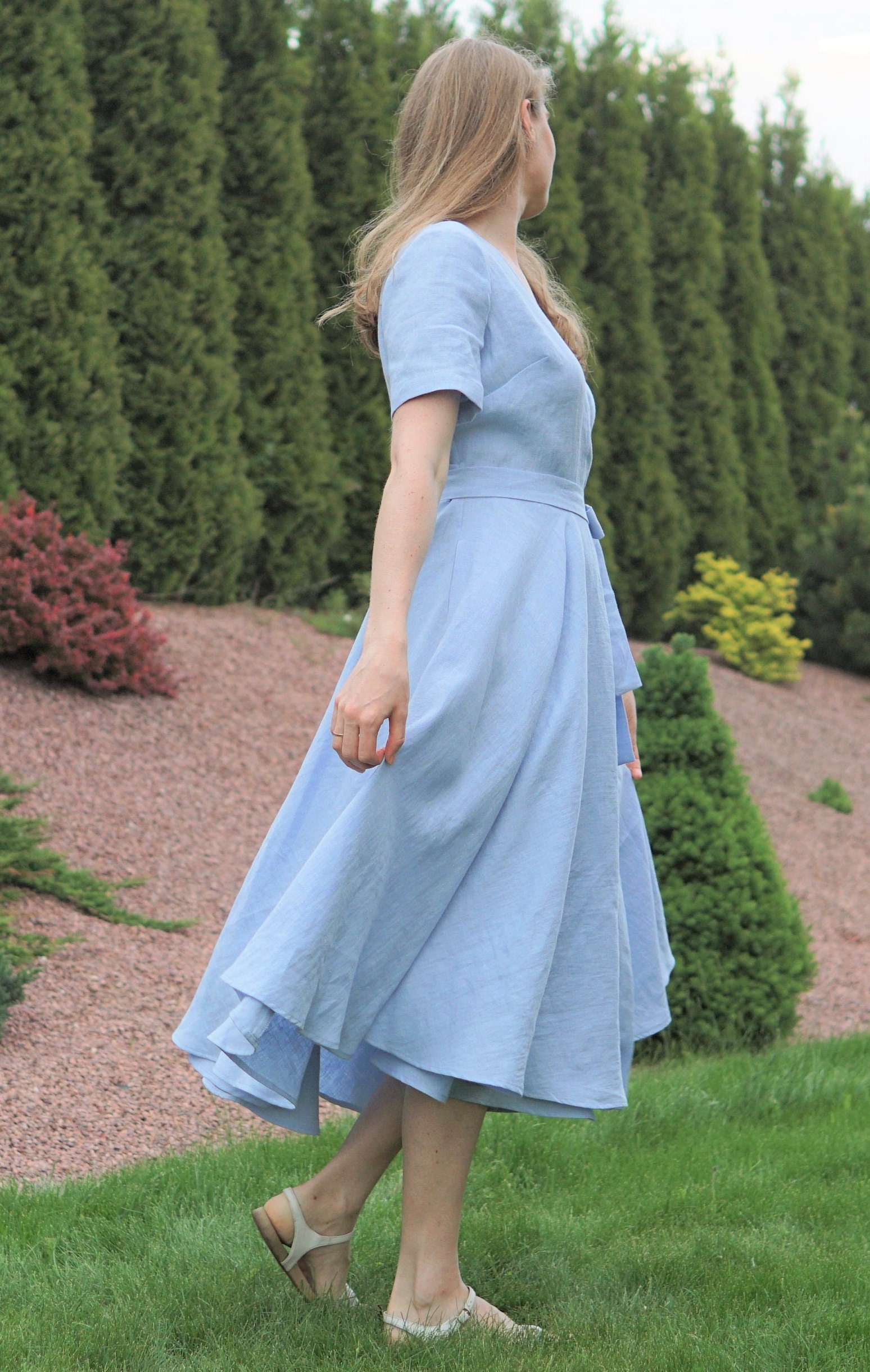 Blue Midi Linen Wrap Dress. Pastel Wedding Guest Dress. Light - Etsy