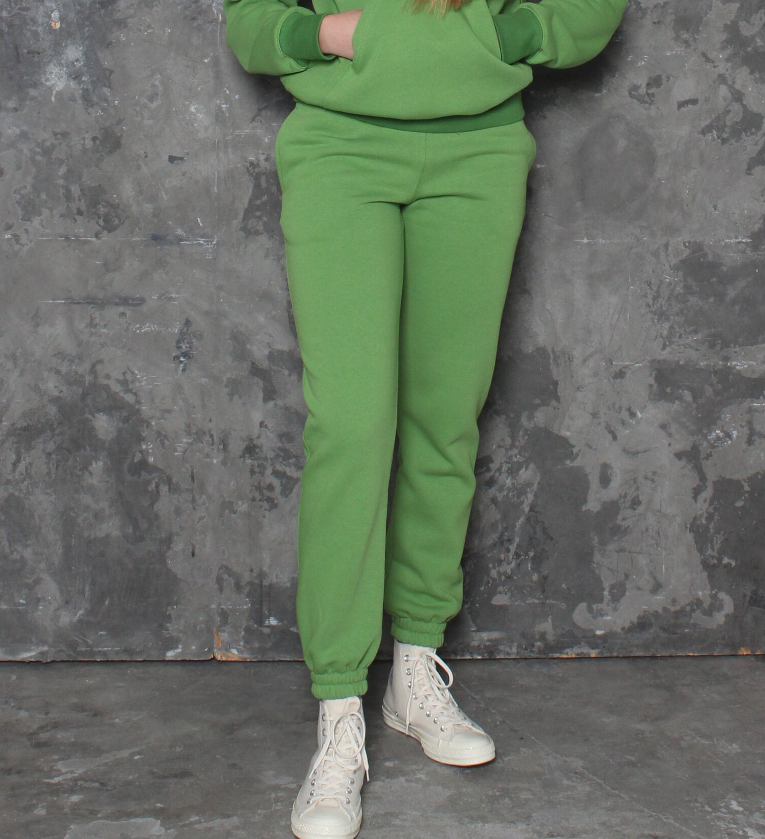 Green Jogging Pants. Cuffed Ladies Joggers With Pockets and