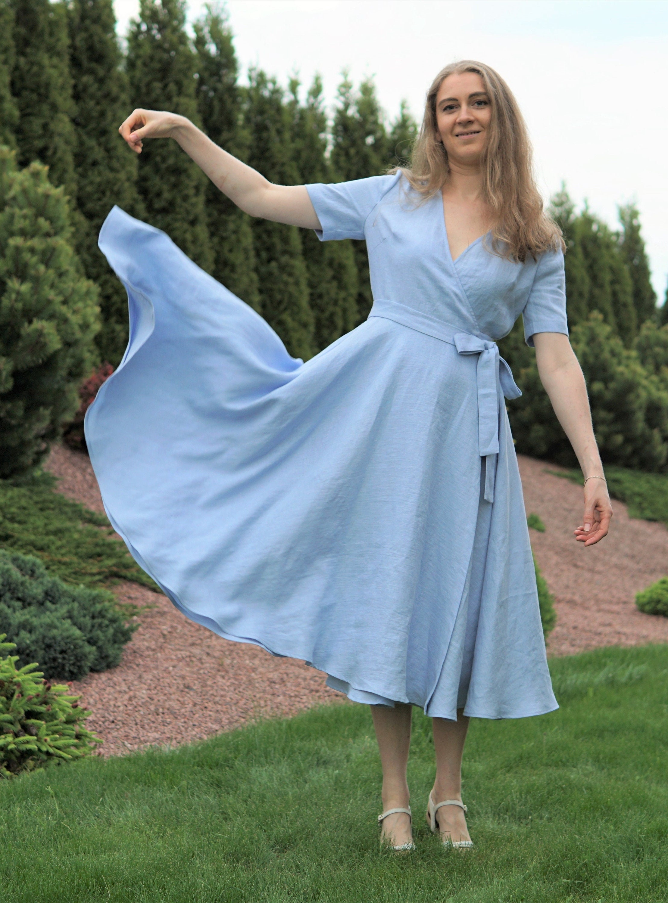 Blue Midi Linen Wrap Dress. Pastel Wedding Guest Dress. Light Blue ...
