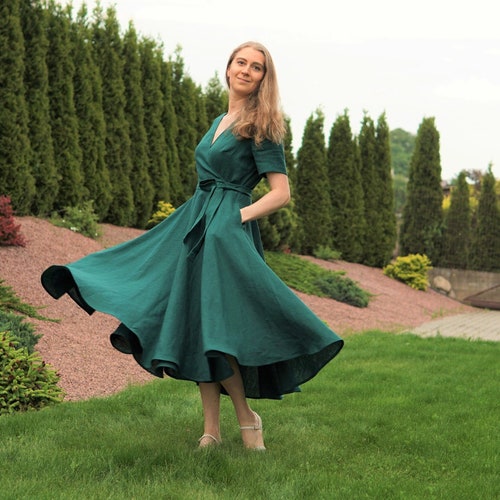 green linen wedding guest dress asdoklhq Wedding Guest Dresses Linen Dress Long Dress Womens Casual Tiered Midi Dress V Neck Loose Flowy Dress with Pockets Plus Size Comfortable Summer Beach Dress for Women Army Green 3X -