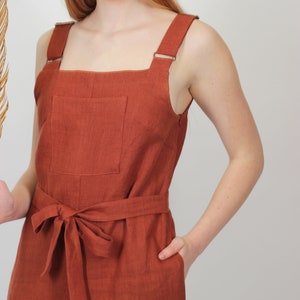 Linen jumpsuit for women in terracotta brown. Wide legs summer jumpsuit with pockets and waist ties. Handmade linen overall, front pocket. image 6