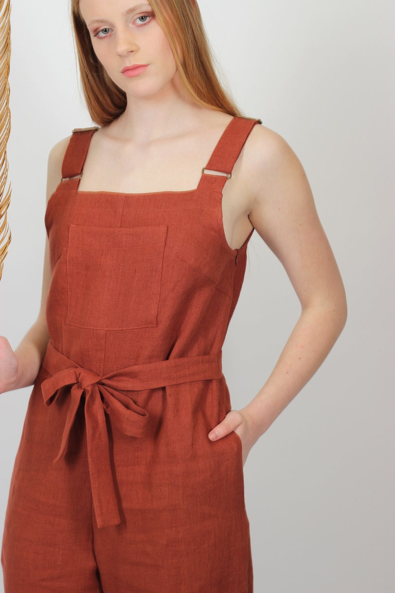 Linen jumpsuit for women in terracotta brown. Wide legs summer jumpsuit with pockets and waist ties. Handmade linen overall, front pocket. image 6