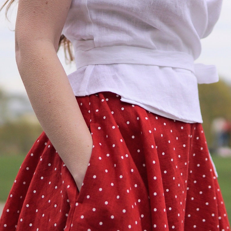 Full circle linen skirt. A line skater linen skirt below the knee length. Red polka dot flared linen skirt. Plus size Linen summer skirt. image 9